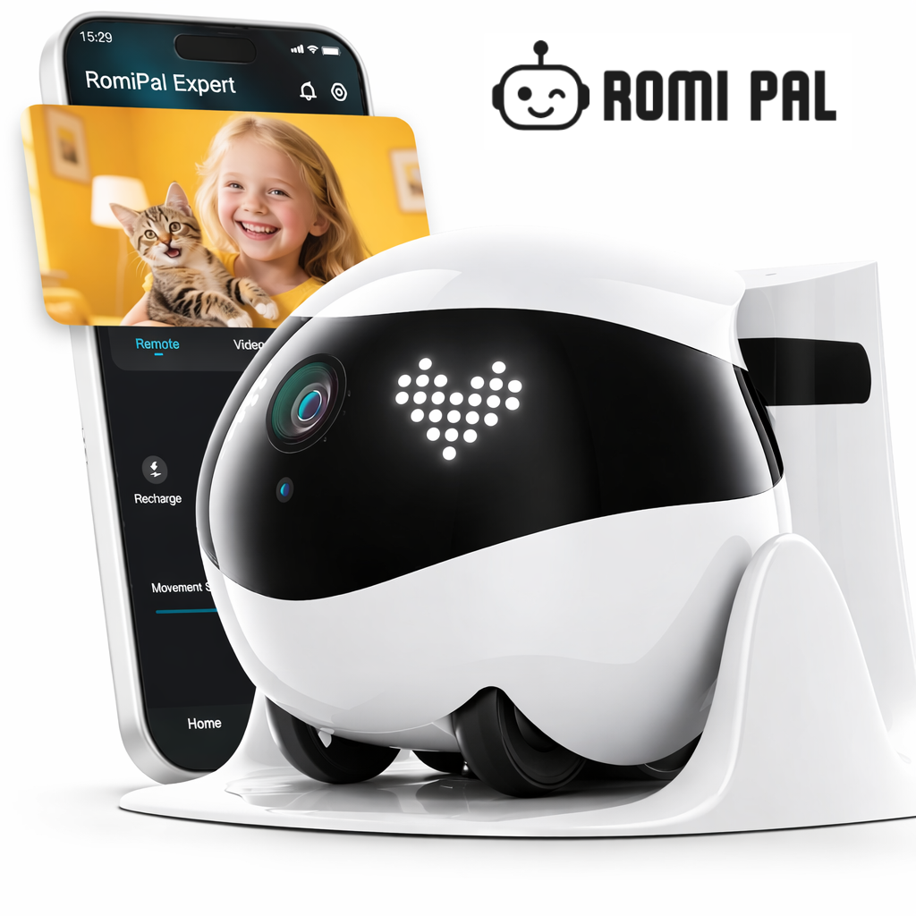 RomiPal Expert long distance camera robot with mobile app showing girl and cat on live video