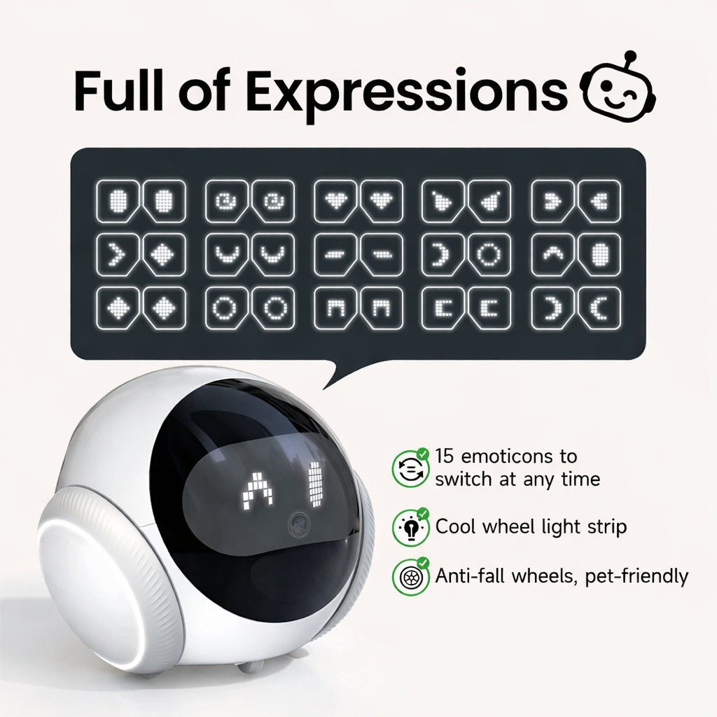 Smart home camera robot with LED expressions, anti-fall sensors and pet-friendly design