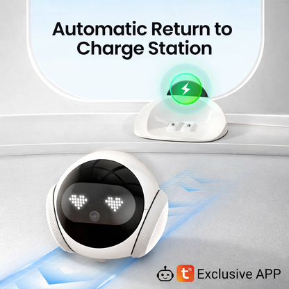 Mobile security camera robot automatically returning to charging station docking base