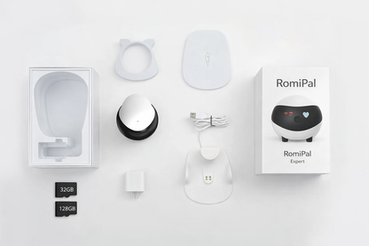 RomiPal Expert robot package contents including charging dock cable SD cards and accessories